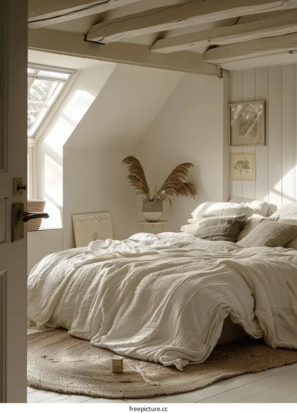 A serene whitewashed bedroom with a cozy large white bed