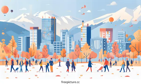 People Walking in City Park with Mountains and Hot Air Balloons