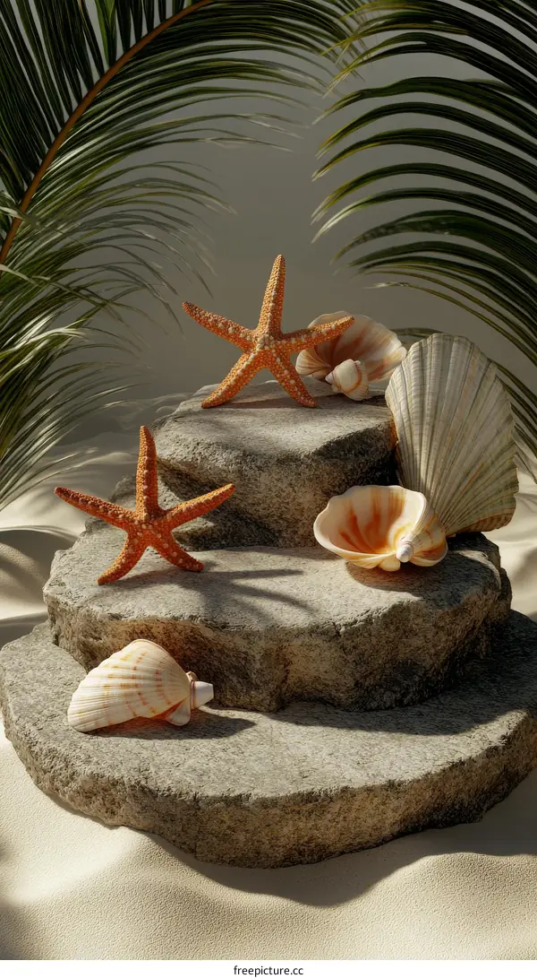 Seashells and Starfish on Rocky Steps