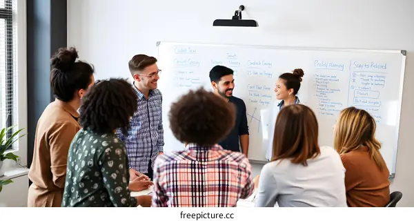 Diverse Team Meeting Around Whiteboard Brainstorming Creative Goals