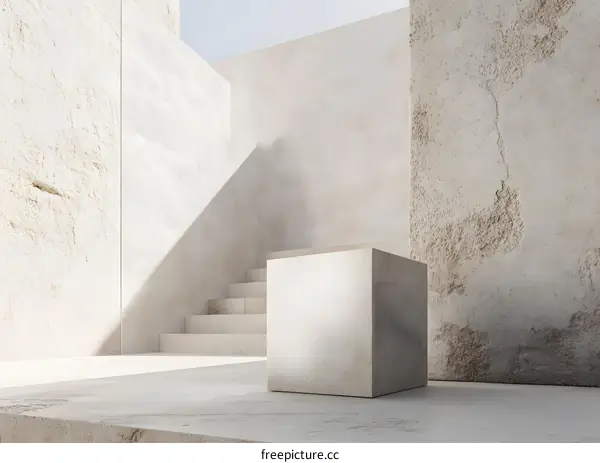 Minimalist Concrete Cube with Stairway Background