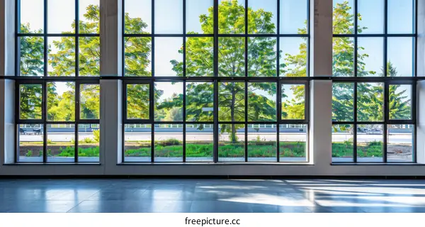 Modern Office Lobby with Large Windows and Natural Light