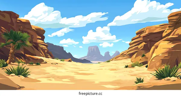 Desert Landscape Illustration with Palm Tree and Mountains