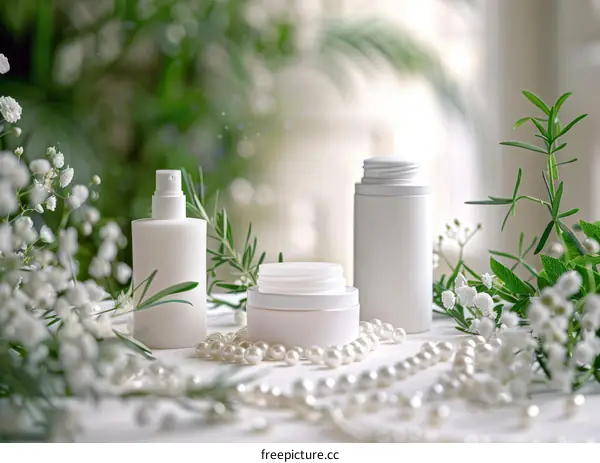 White cosmetic bottles with green leaves and white flowers