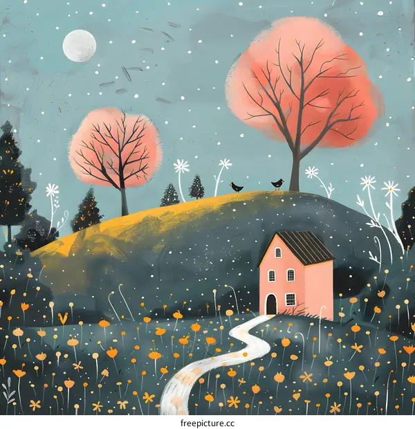 Pink House in a Dreamy Landscape with Trees and Flowers