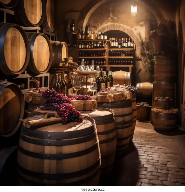 An underground wine cellar with wooden barrels and shelves of wine bottles.