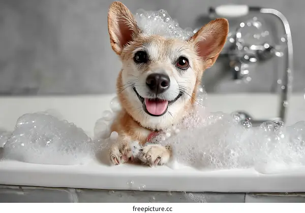 Adorable Dog Bathing in a Tub of Foam