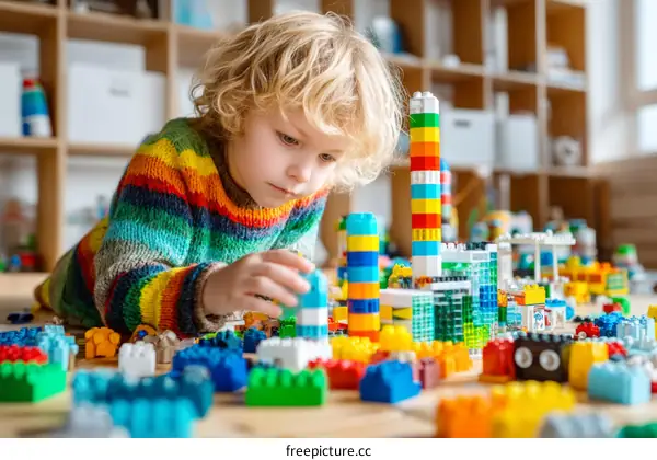Little Boy Playing with Colorful Building Blocks