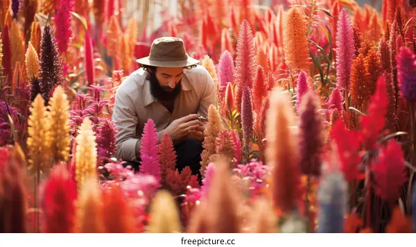 Man Kneeling in a Field of Flowers