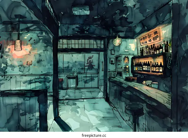 Watercolor Illustration of Japanese Bar Interior