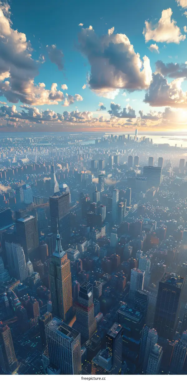 Aerial View of New York City Skyline at Sunrise