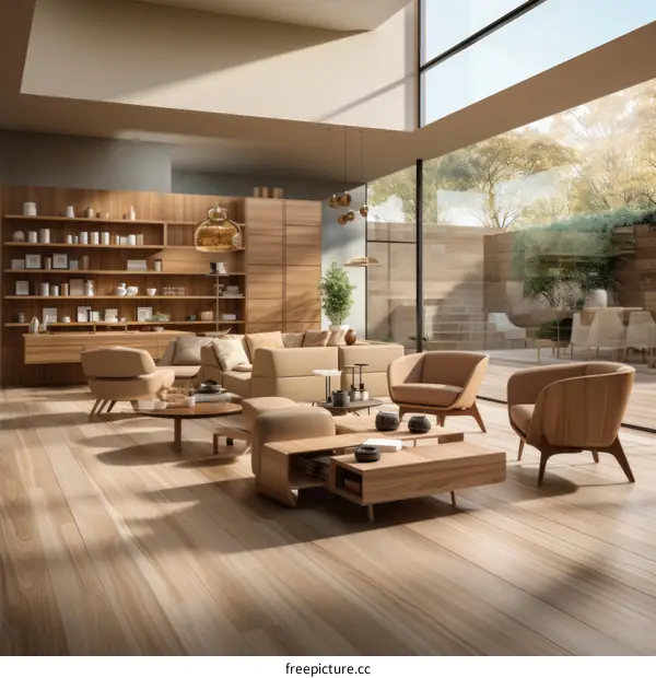 Minimalist Living Room with Wooden Furniture and Large Windows