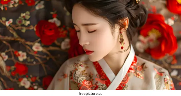 Beautiful Asian Woman Wearing Traditional Hanfu with Flowers Background