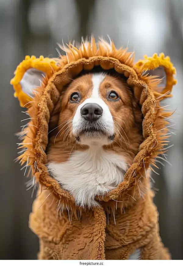 A cute dog wearing a lion costume