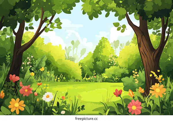 Beautiful Cartoon Forest Illustration With Green Trees And Flowers