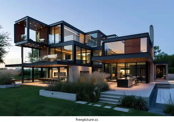 Modern Glass House with Large Windows and Outdoor Patio