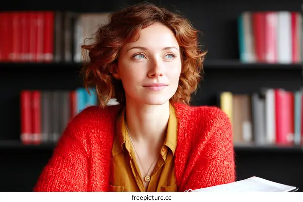 Thoughtful Woman in a Library Setting