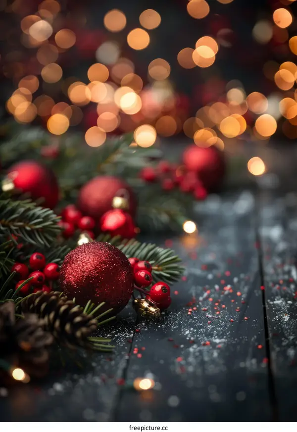 Christmas Decoration with Red Ornament and Fir Tree on Wooden Table