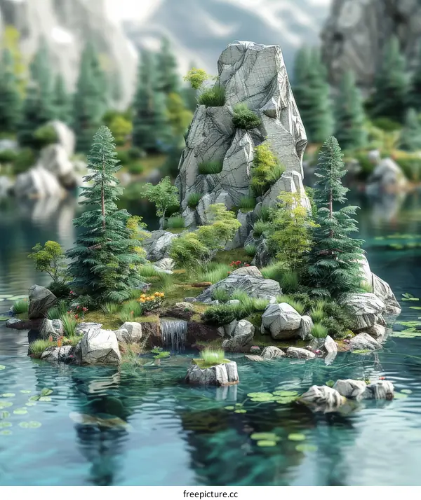 Secluded Island with Waterfall and Trees in Lake