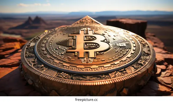 A Golden Bitcoin on a Desert Rock