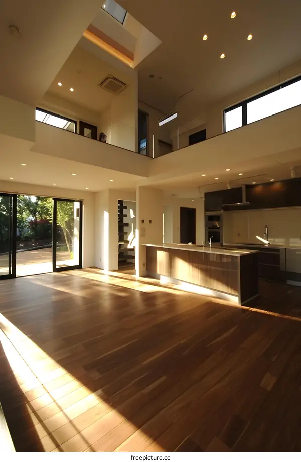 Modern Home Interior Design With Wooden Floor And Large Windows