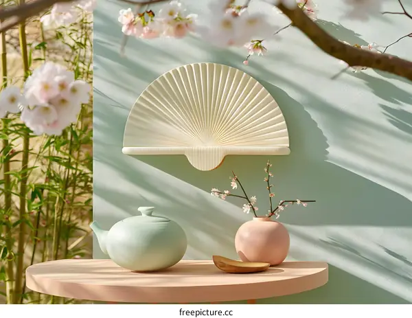 White Fan Shaped Wall Decor With Teapot and Vase on Table