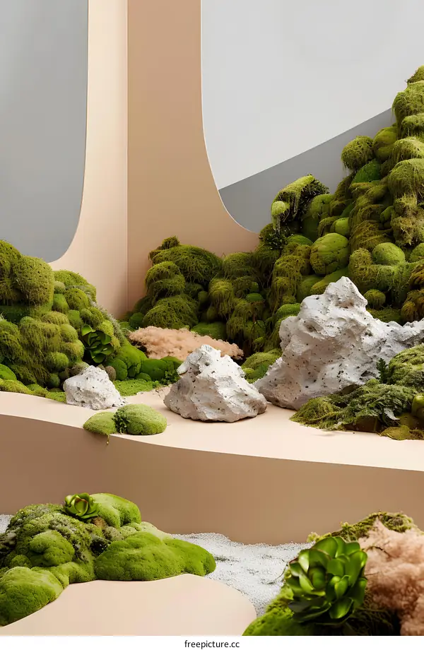 Minimalist Green Moss Rock Landscape with Curved Walls