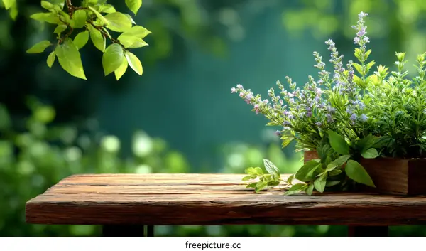 Rustic Wooden Table with Fresh Herbs and Plants
