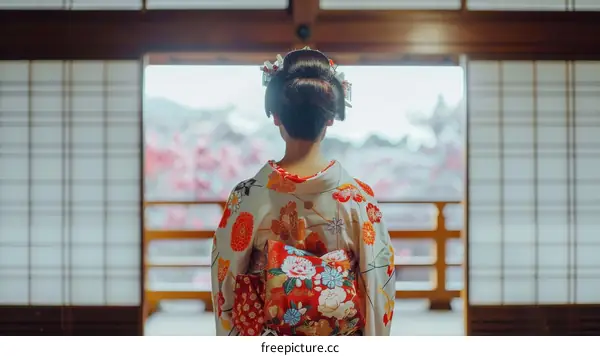 A woman wearing a kimono is standing in a traditional Japanese house.