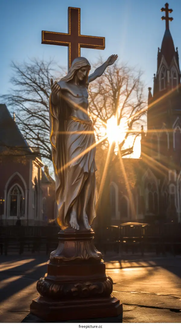 A statue of Jesus Christ with a shining sun in the background