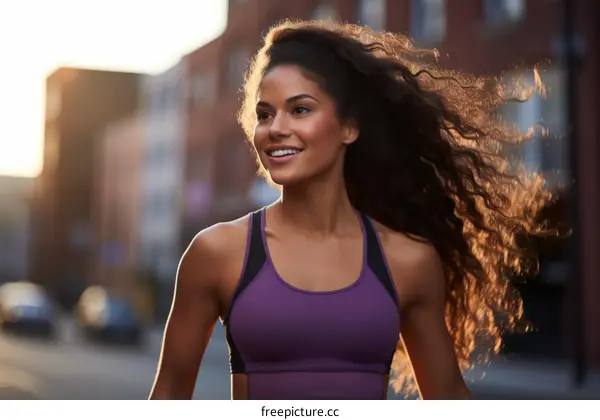 A young woman with curly hair is smiling while jogging in the city