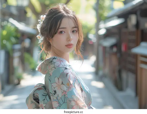 Japanese Woman in Traditional Kimono in a Street