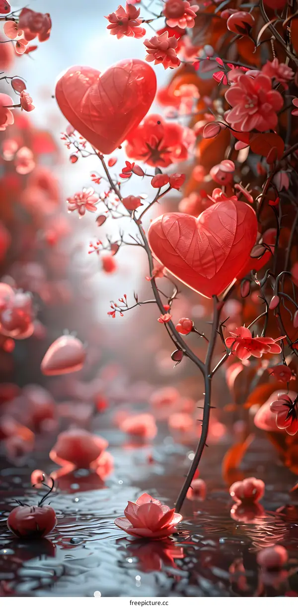 A tree with red heart-shaped leaves and flowers growing in a pond