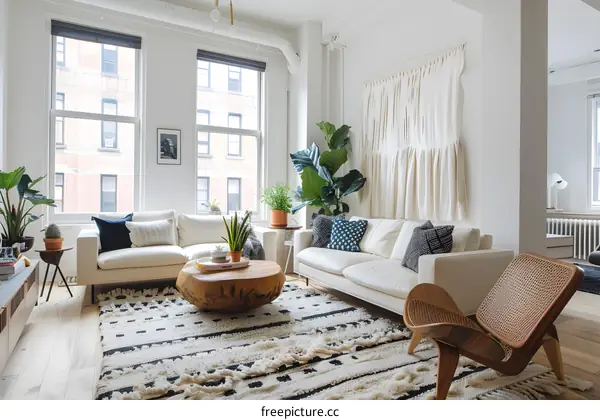 Modern Living Room Interior Design with White Sofa, Wooden Coffee Table and Plants