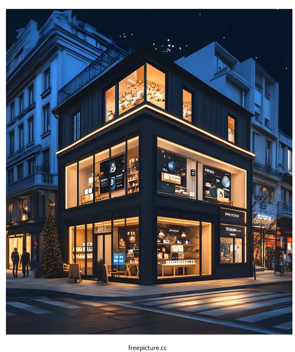 Night View of a Modern Store in a European City