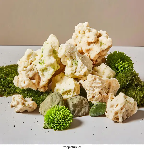 White Coral Rocks With Green Moss And Stones On White Background