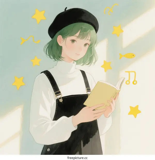 A Young Girl Reading a Book with Green Hair and Beret