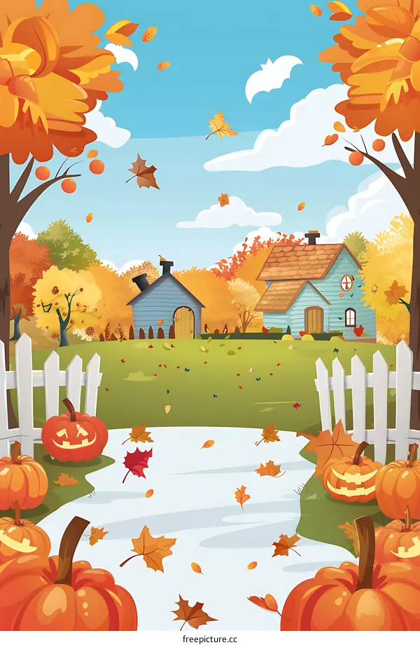 Autumn Landscape With Pumpkins and Houses