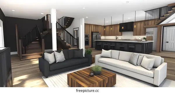 Modern Open Concept Living Room Interior Design With Staircase And Kitchen