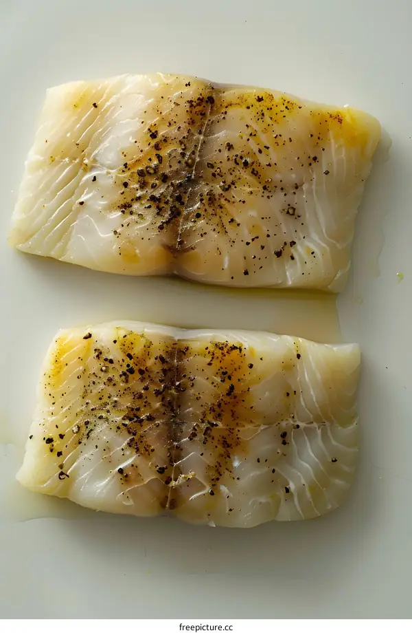 Two pieces of raw fish fillet seasoned with black pepper.