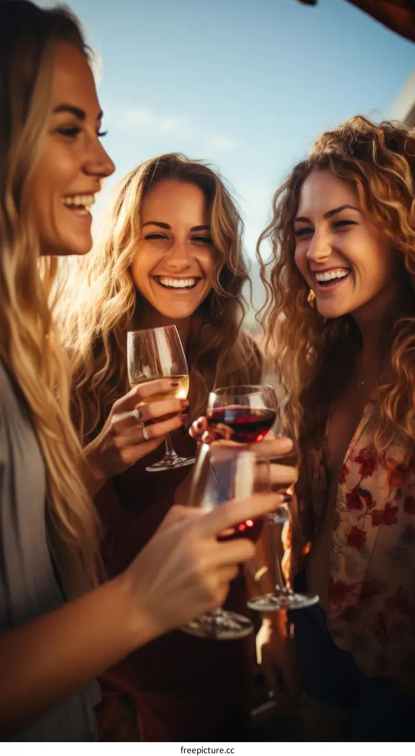 Three young women of Caucasian ethnicity are drinking wine and laughing