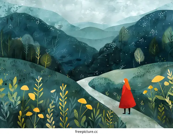 girl in red dress looking at mountain