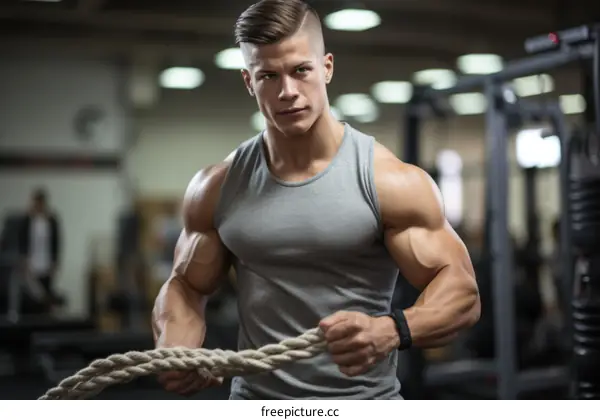 muscular man in gray tank top pulling rope in gym