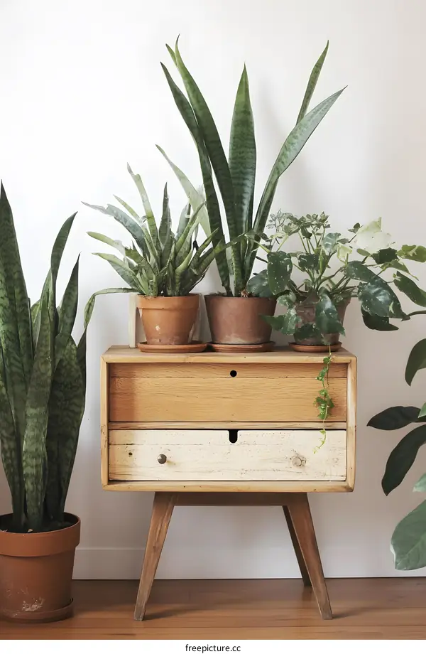 Wooden Nightstand With Plants And White Wall