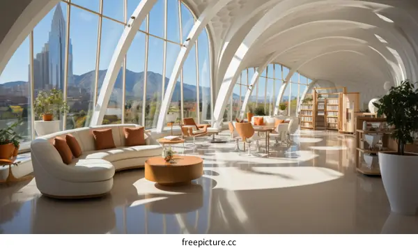 The interior space is bright and spacious, with large windows and a curved ceiling