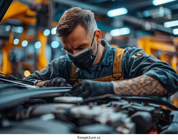 Mechanic in protective mask fixing car engine