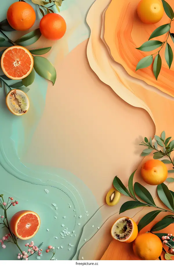 Orange and Kiwi Fruit Flat Lay With Green Leaves and Abstract Background
