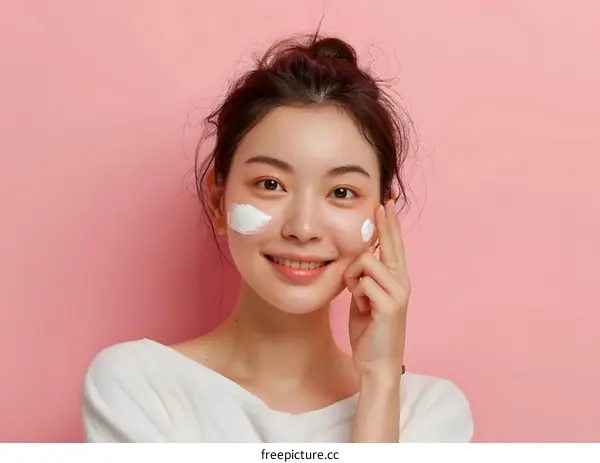 Smiling Woman Applying Face Cream on Pink Background
