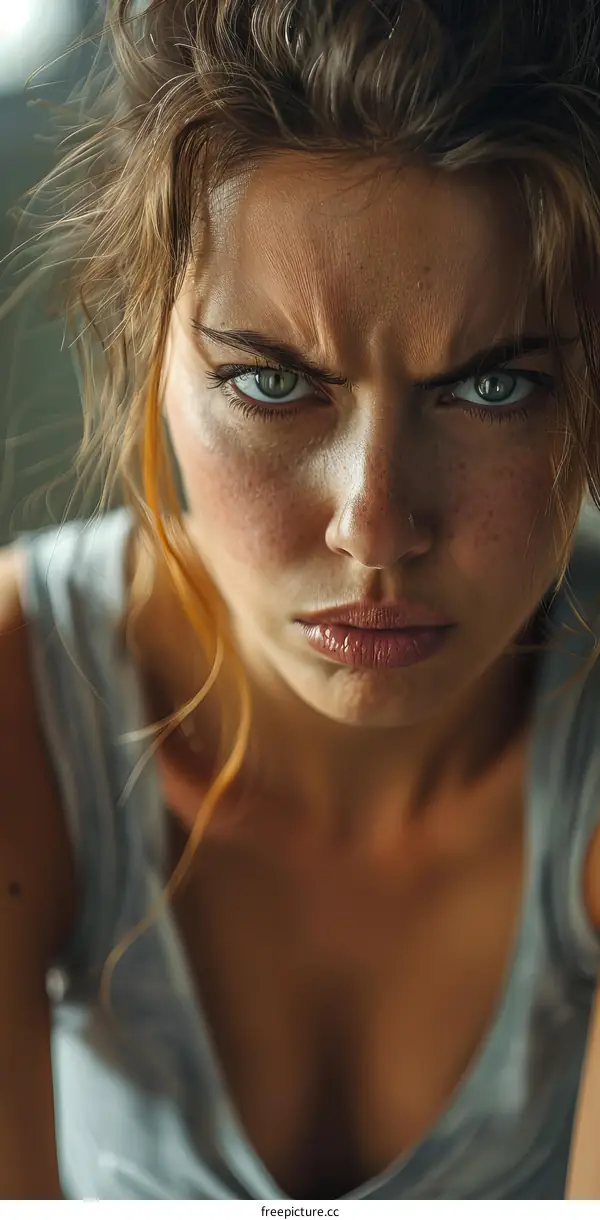Close Up Portrait Of A Young Woman With Angry Expression