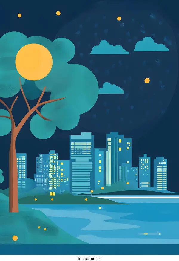 Night Cityscape with a Tree and Moon